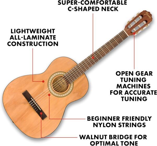 81cxsB61dML._AC_SL1500_-1 Fender FA-25N 3/4 Size Nylon String Acoustic Guitar, Beginner Guitar, with 2-Year Warranty, Perfect Beginner Guitar for Kids that is Easy on Fingers, Includes 3 Months of Free Lessons, Natural